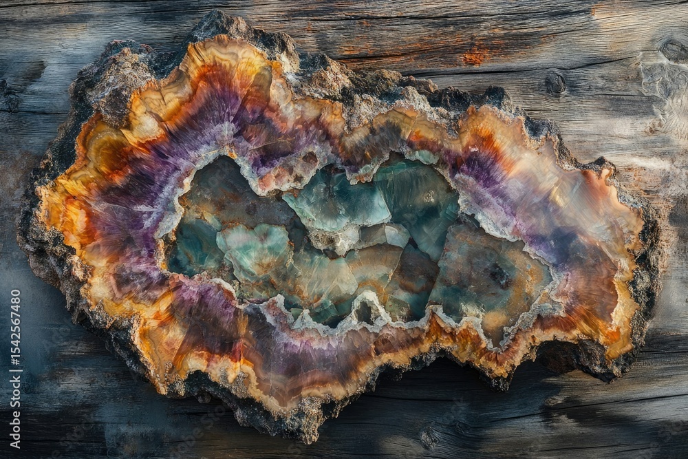 Fototapeta premium A cross-section of petrified wood showcases vibrant, colorful mineral deposits, revealing the beauty of nature's transformation and geological processes.