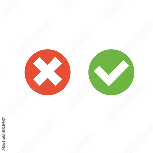Vector illustration of red and green round buttons with cross and tick symbols. Accepted and denied. Yes and no.