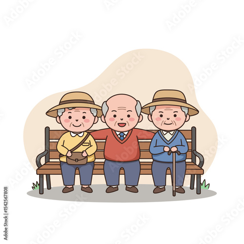 Three elderly friends sitting together on a park bench smiling  