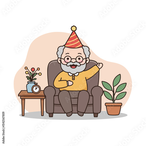 Elderly man celebrating retirement party at home while sitting on sofa  