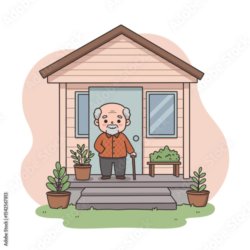 Senior man standing on porch with cane in front of house  