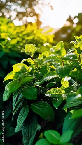 Close up of water droplets resting on vibrant green mint leaves in morning sunlight