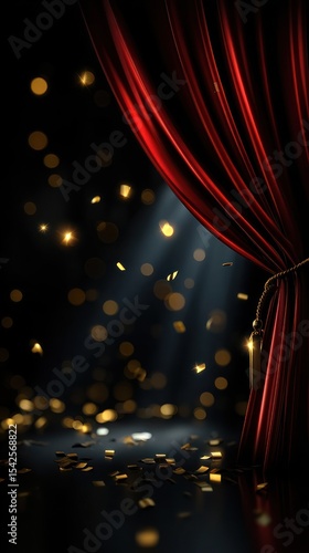 Stage curtain opening, dramatic lighting