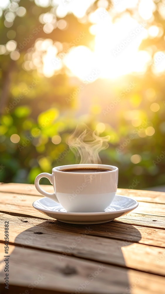 Fototapeta premium A steaming cup of dark coffee sits in a white cup on a weathered wooden table outdoors at sunrise.