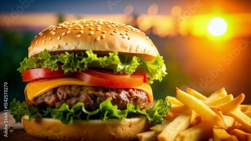 Delicious homemade hamburger stacked high with cheese, tomatoes, lettuce and sesame bun with golden fried potatoes on wood table at sunset