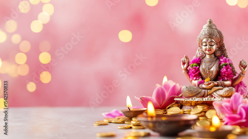 Glowing lakshmi idol with diya for diwali puja decoration and celebration