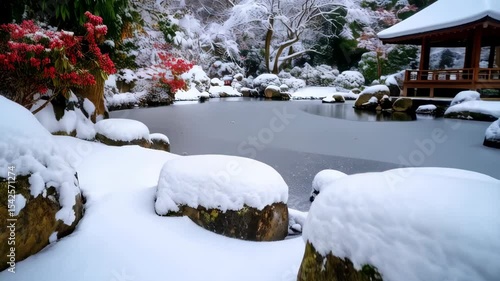 Wallpaper Mural Snowy winter landscape featuring a traditional Asian gazebo, red flowers, trees and rocks around a calm frozen pond in a scenic garden. Torontodigital.ca