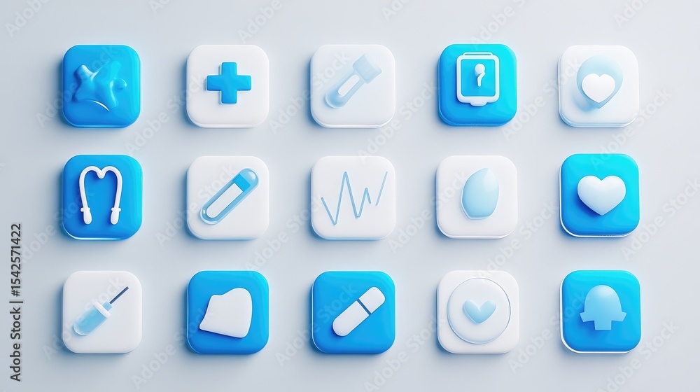 Collection of square icons with various medical and health symbols. Collection of square icons with various medical and health symbols.