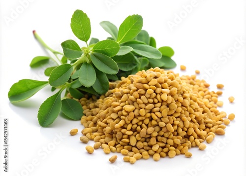 Fresh fenugreek leaves and dried fenugreek seeds isolated on white background