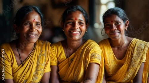 Trio of radiant indian women sharing smiles in vibrant yellow traditional attire