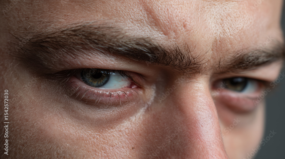 Closeup of male eyes with intense gaze showing detailed skin texture and natural eyebrow hair, highlighting emotional expression and tear trough hollow under eyes Closeup of male eyes with intense gaze showing detailed skin texture and natural eyebrow hair, highlighting emotional expression and tear trough hollow under eyes