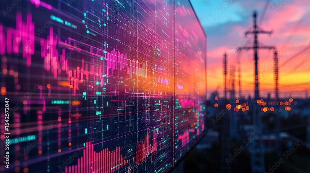 Fototapeta premium Digital stock market data visualization with sunset sky and power lines silhouette at dusk