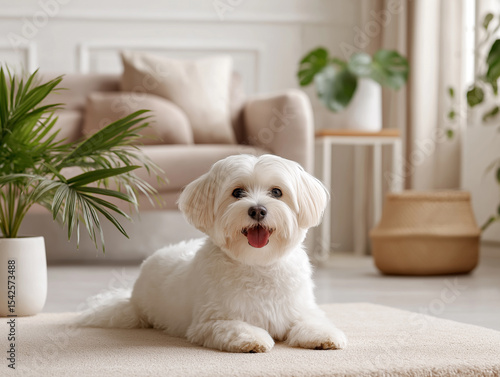 White fluffy dog relaxing in a cozy living room surrounded by plants on a sunny day