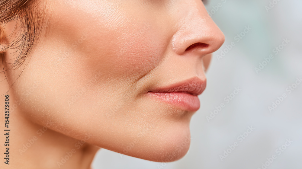 Fototapeta premium Soft skin close up of woman cheekbone and side nose with natural makeup and smooth texture, highlighting facial features and gentle expression in warm lighting