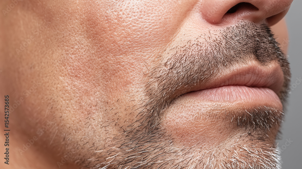 Close up of male jawline showing skin texture and facial hair with slight rash possibly caused by continuous mask use, highlighting natural skin details and beard stubble Close up of male jawline showing skin texture and facial hair with slight rash possibly caused by continuous mask use, highlighting natural skin details and beard stubble