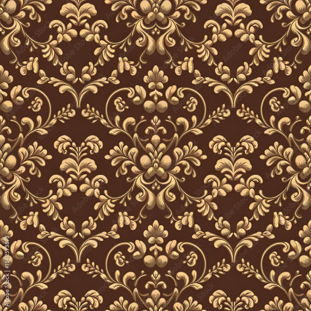 Sophisticated damask pattern in rich chocolate and gold hues creates a timeless aesthetic Sophisticated damask pattern in rich chocolate and gold hues creates a timeless aesthetic