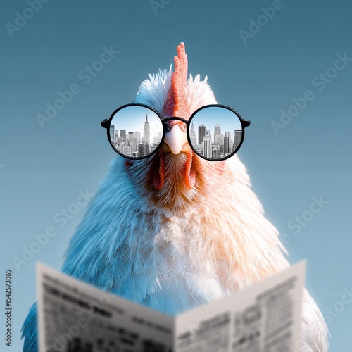 A chicken wearing sunglasses and reading a newspaper, city reflected in glasses
