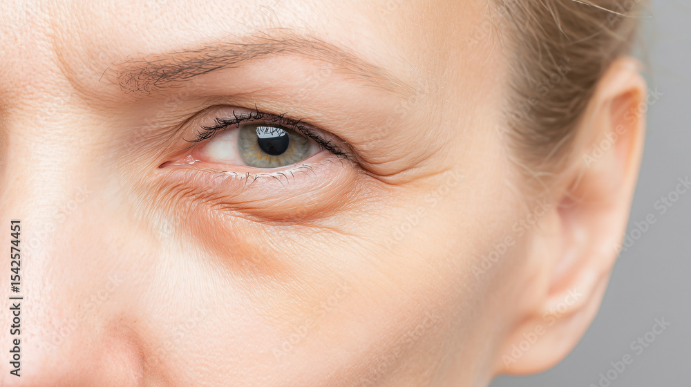 Fototapeta premium Closeup of eye with visible under eye puffiness and wrinkles, showing natural skin texture and signs of aging on light skin tone with neutral background