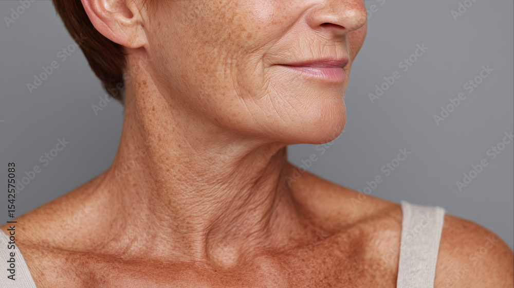 Obraz premium Closeup portrait of older woman freckled skin on her upper chest, neck, and lower face showing natural wrinkles and texture with calm expression