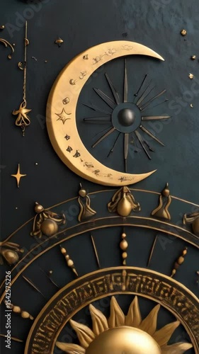 Celestial mural featuring a radiant sun face, a crescent moon, and other astrological symbols in an ornate gold design.