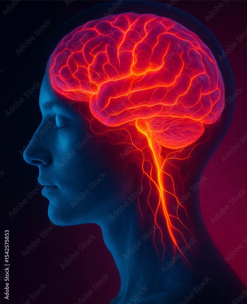 Obraz premium Cerebro iluminado sobre perfil en oscuro de persona. Mente humana y sensaciones.