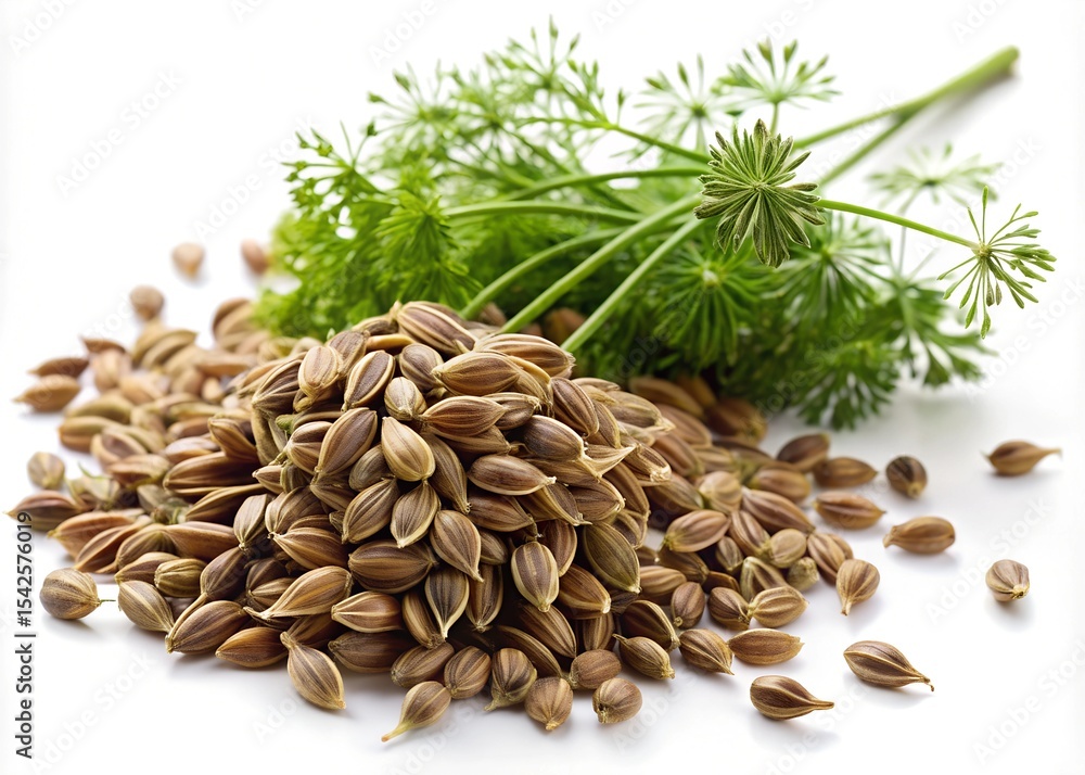 Obraz premium A pile of dried fennel seeds with fresh green fennel fronds on a white background