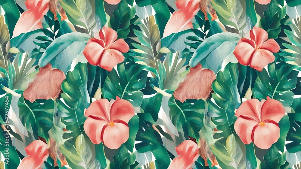 Fototapeta premium Vibrant tropical pattern showcasing lush leaves and elegant hibiscus blooms