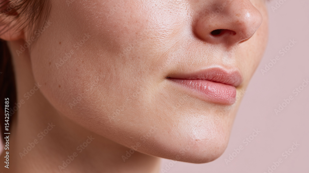Obraz premium Closeup portrait of flawless cheek skin with smooth pores and natural lips on light skin tone against soft pink background, showing healthy and clear complexion