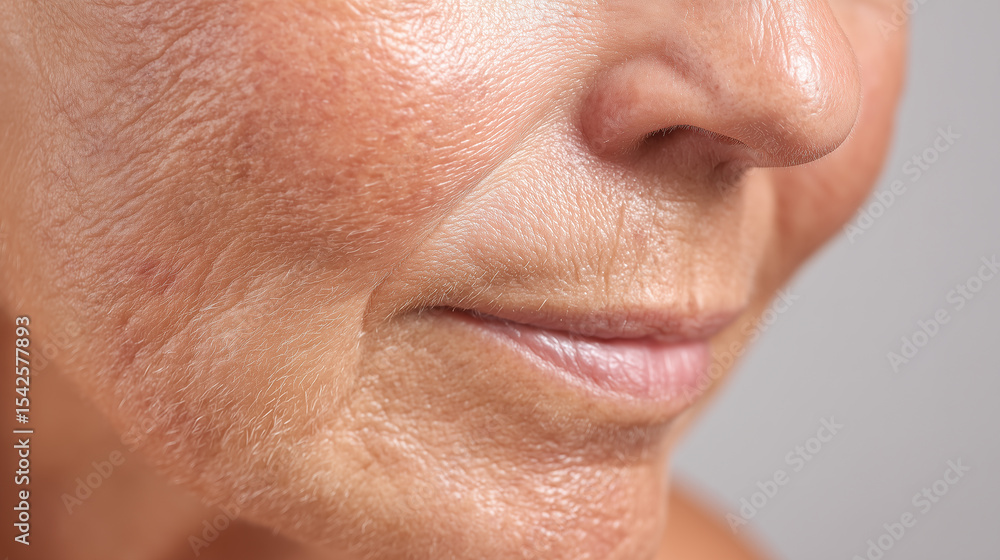 Obraz premium Close up of mature woman skin texture showing wrinkles and natural aging signs with soft lighting and neutral background