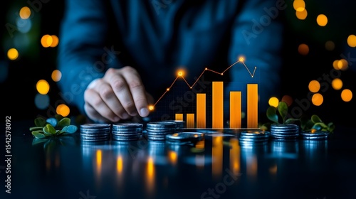 Hand tracing upward financial graph, coins, night
