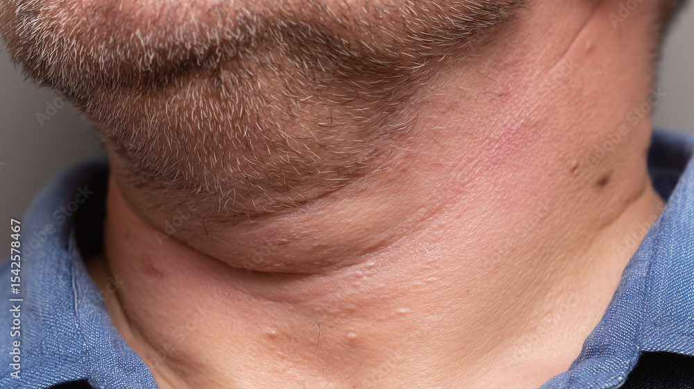 Obraz premium Close up of male neck with skin tags and slight redness showing natural skin texture and facial hair stubble, highlighting common skin condition in adult man wearing blue shirt