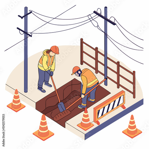 Two utility workers in safety uniforms repairing underground power cables inside a secured maintenance zone with orange barriers and traffic cone for urban electrical infrastructure upgrade ...