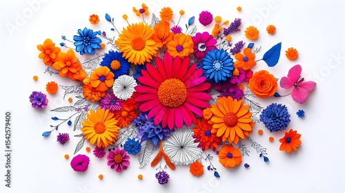 Vibrant paper flowers bouquet, white background, flatlay, craft, spring