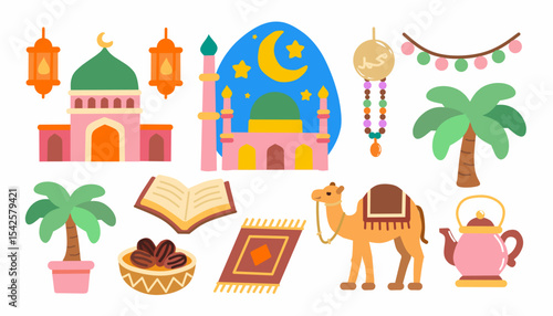 Collection of colorful flat-style Islamic elements including mosque, Quran, lantern, dates, prayer mat, camel, and crescent moon. Perfect for Ramadan, Eid, Islamic events, and cultural-themed designs.