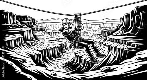 Adventurer Zip-lining Over a Canyon
