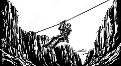 Adventurer Zip-lining Over a Canyon
