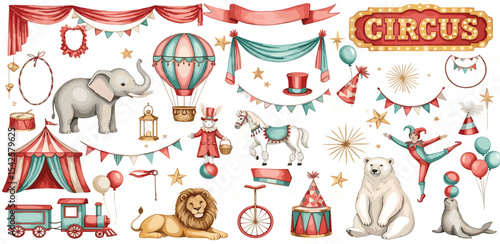 
Set of watercolor illustrations with Circus tent, carnival animals and performers. Drawing of bear and lion for Baby shower greeting cards. Art of seal, elephants and balloons for nursery posters.