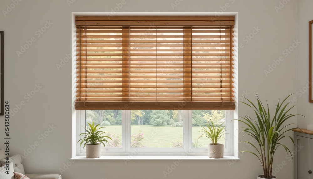 Fototapeta premium Honey Tone Wooden Venetian Blinds: Elegant Window Treatment