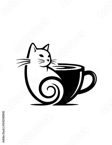 Cat in Cup logo Illustration, Black and White