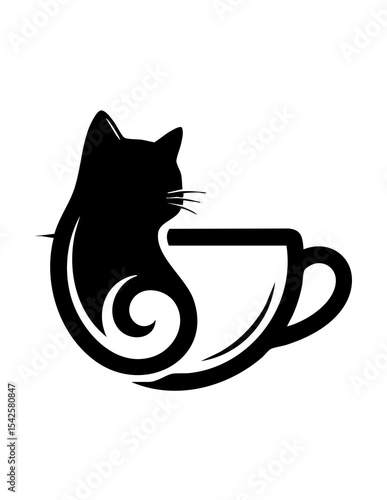Cat and Coffee Cup Logo, Elegant Silhouette