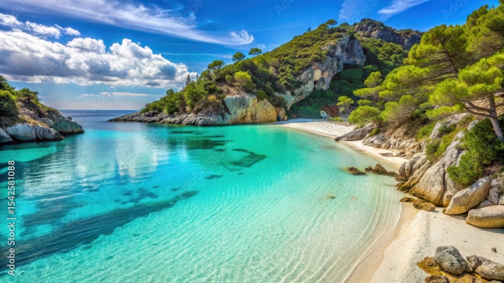 Fototapeta premium Turquoise waters lap against white sandy beach at Spiaggia Porto Ghiacciolo, Italy, with rugged cliffs and pine trees in the background, turquoise water, italian coast