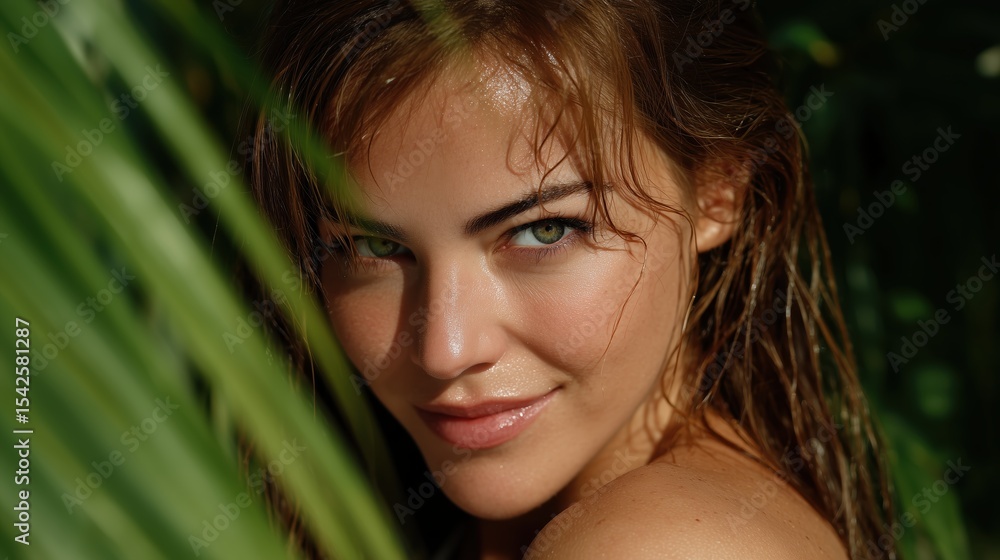 A captivating portrait of a woman emerges from a lush green environment, her eyes sparkling with an alluring blend of warmth and intelligence. A captivating portrait of a woman emerges from a lush green environment, her eyes sparkling with an alluring blend of warmth and intelligence.