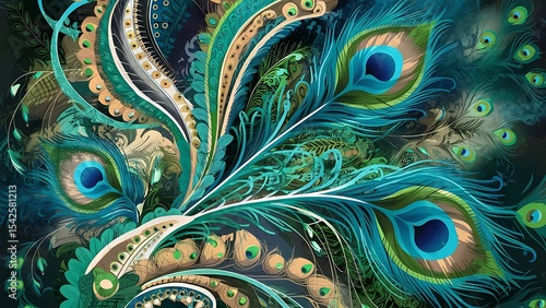 Ornate peacock feathers, abstract turquoise and gold pattern, rich tapestry