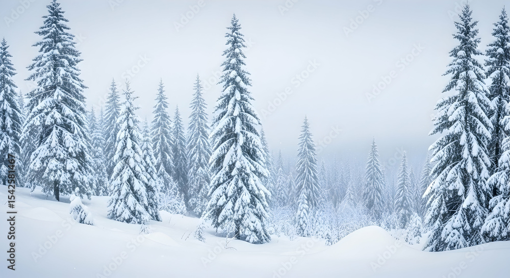 Naklejka premium Snow, Winter, Forest, Snow Covered Pine Forest in Winter Wonderland