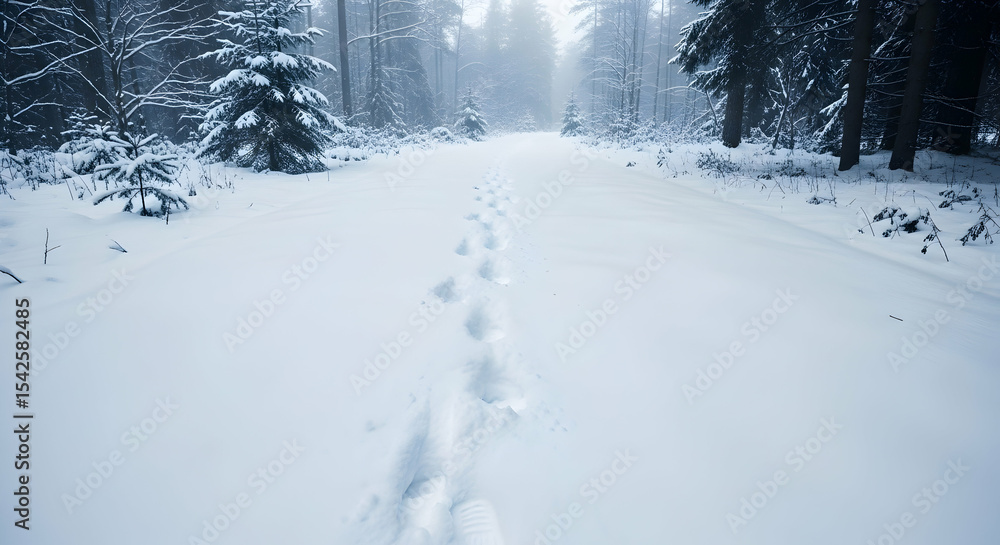 Fototapeta premium Winter, Snow, Footprints, Footprints in the Snow Leading Through a Foggy Winter Forest
