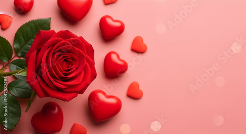 Red rose, Rose, Red hearts, Red Rose and Hearts on Pink Background