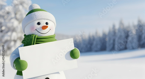 Snowman, Winter, Snow, Happy Snowman Holding Blank Sign in Winter Wonderland