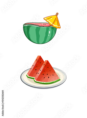 Juicy Watermelon Slices and a Summery Watermelon Cup. Vector Illustrations