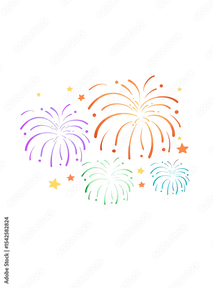 Obraz premium Colorful Fireworks Display Celebration Burst of Purple Orange Green and Blue Firework Explosions with Stars. Vector Illustrations