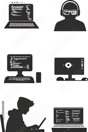 Various silhouettes of individuals engaged in programming and coding activities.